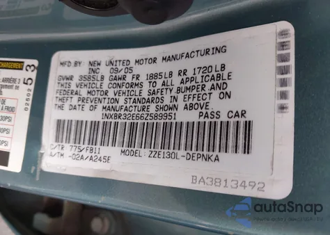 2006 Toyota Corolla Le z USA, uszkodzony, nr VIN 1NXBR32E66Z589951